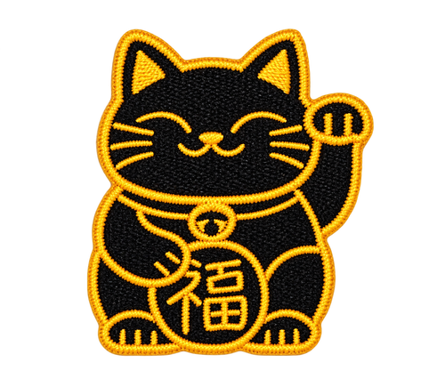 Black and gold lucky cat embroidered patch