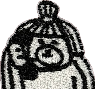 Black and white embroidered bear wearing pom pom winter hat and scarf