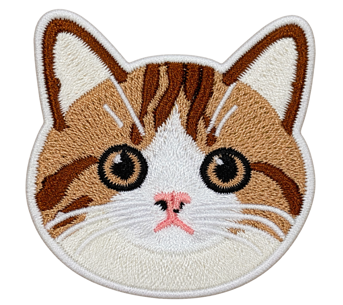 Brown and white tabby cat face embroidered patch