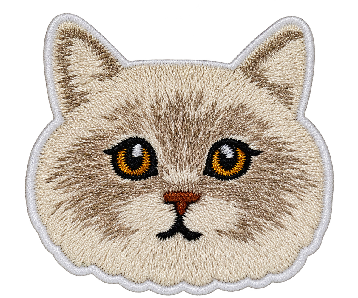Cream beige cat face embroidered patch with amber eyes
