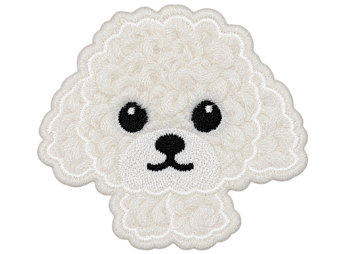 White fluffy puppy embroidered patch with paws and black eyes