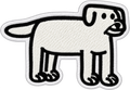 Minimalist white cartoon dog with floppy ears and straight tail embroidered patch