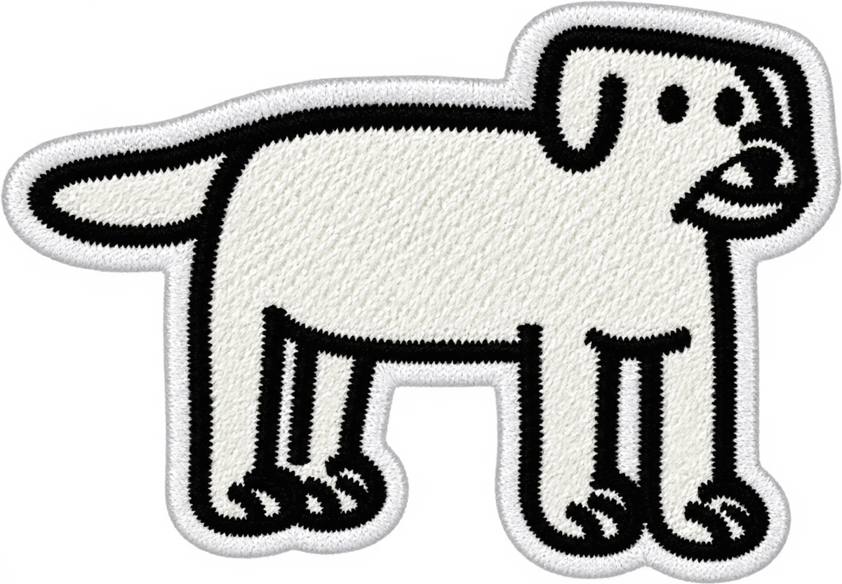 Minimalist white cartoon dog with floppy ears and straight tail embroidered patch