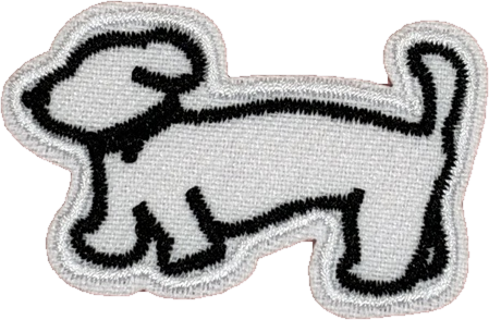 Black outlined white cartoon dog embroidered patch side profile
