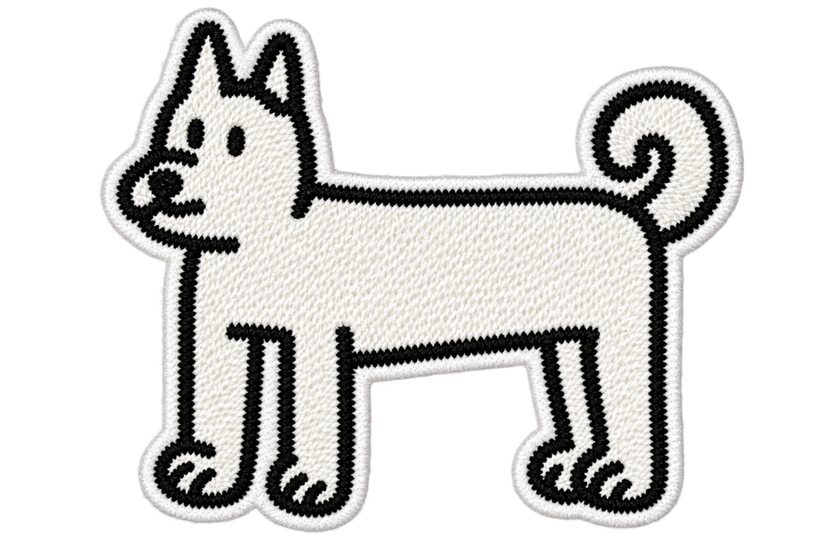 Minimalist white dog embroidered patch with pointed ears and curled tail