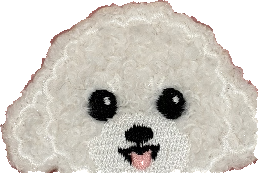 Fluffy white smiling dog face patch with pink tongue