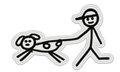 Black and white stick figure walking spotted dog embroidered patch