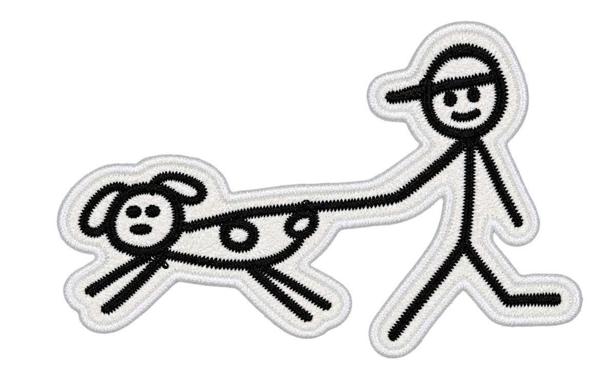 Black and white stick figure walking spotted dog embroidered patch