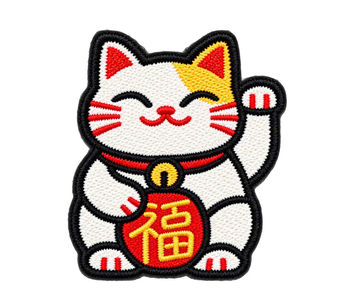 White lucky cat embroidered patch