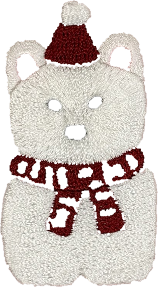White winter bear embroidered patch wearing red hat and scarf